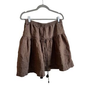 Gap Brown 100% Linen Mini Skirt Tiered Ruffle Elastic Waist Pockets Small